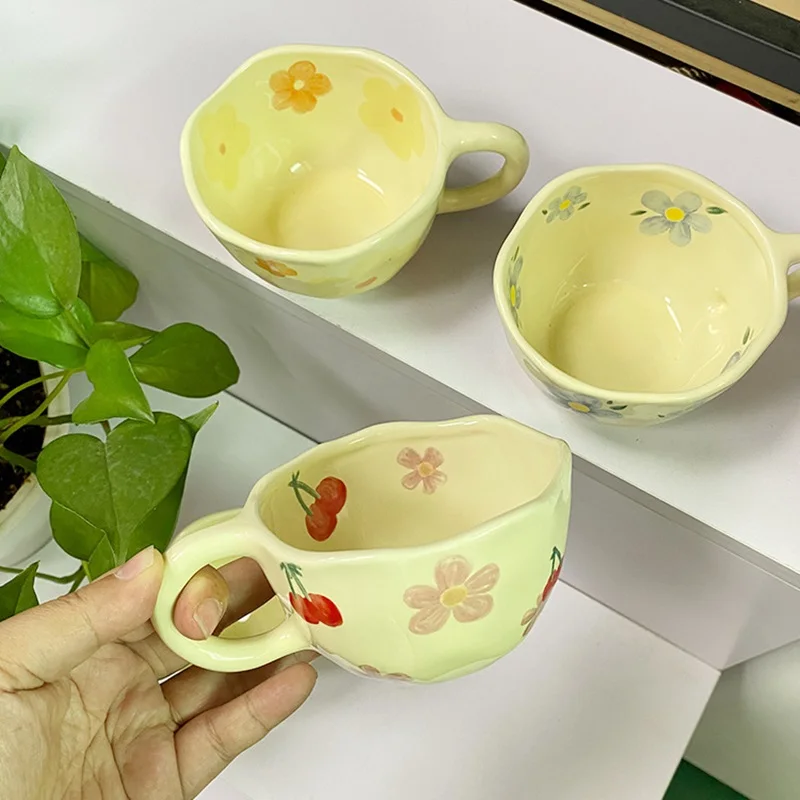 300ml 10oz ins Hand-pinch Special-shaped Ceramic Coffee Mug Creative Mug with Flower Prints Juice Milk Water Drinking Cup 1 Pc