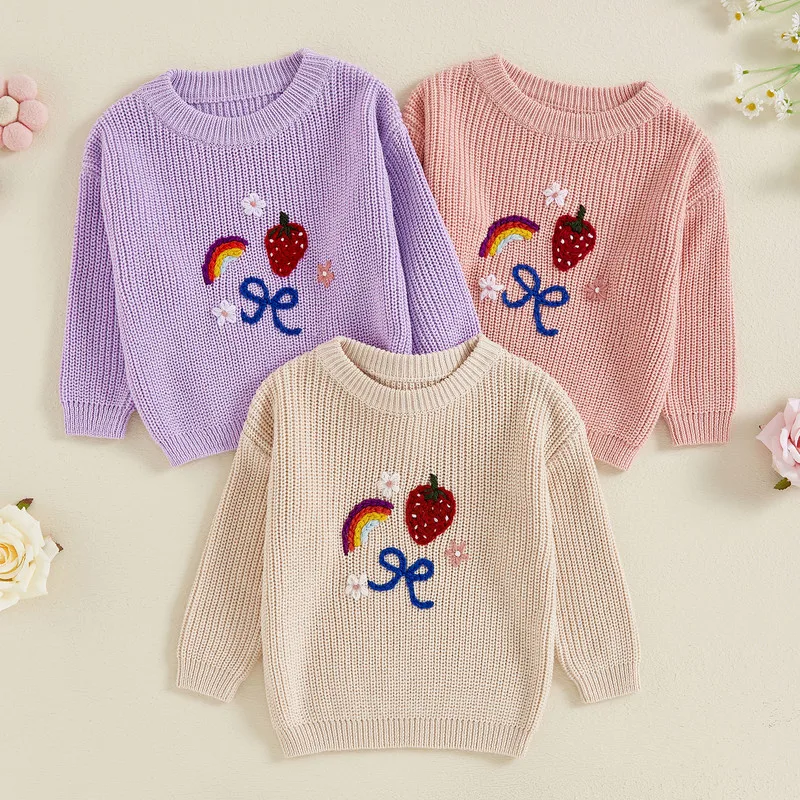 

6 Months to 4 Years Baby Girl Knit Sweater Autumn Winter Clothes Long Sleeve Rainbow Floral Strawberry Embroidery Tops