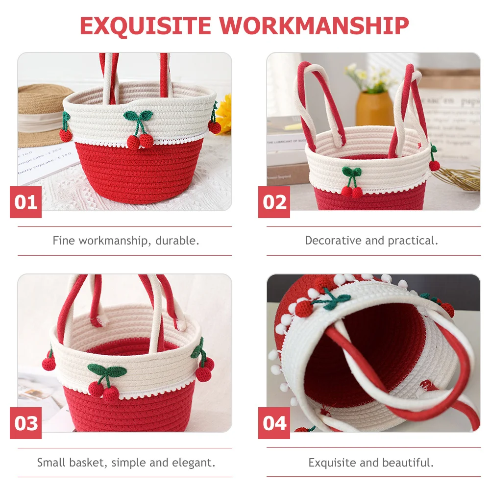 

Cotton Rope Basket Cherry Lace Small Storage Basket Handcrafted Organizer for Sundries Table Home Decor Storage Solution