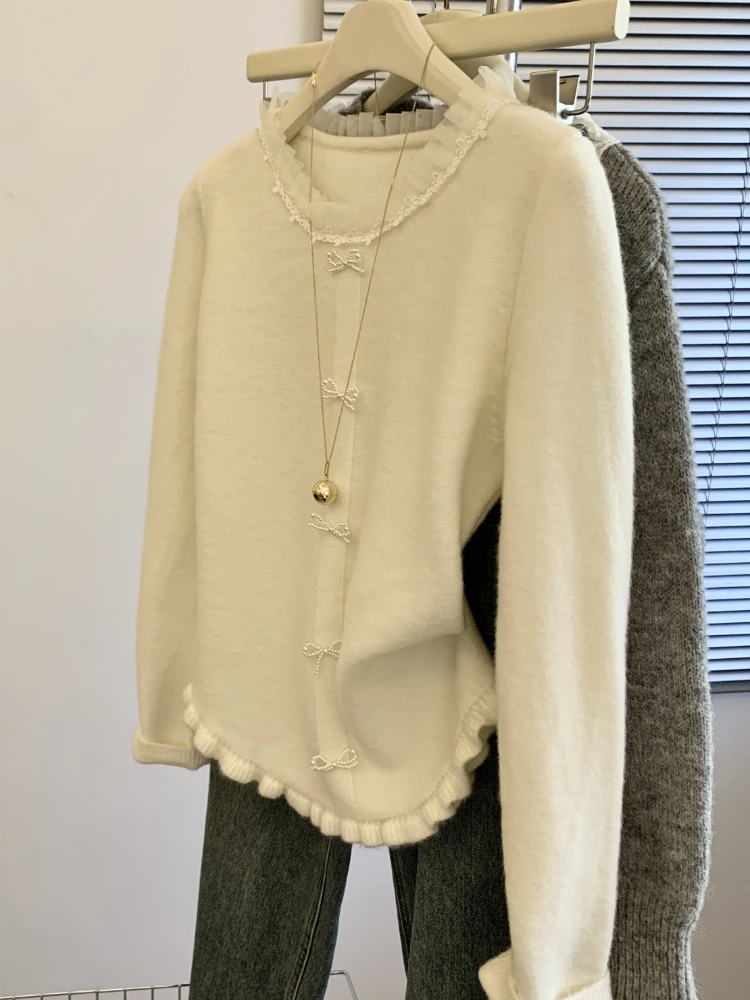 سترة المرأة الكورية نمط الدانتيل س الرقبة كل مباراة الخريف الشتاء القوس الديكور تصميم تريكو عادية حلوة جميلة الفتيات Ulzzang