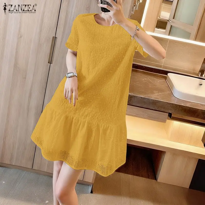 Summer Bohemian Lace Patchwork Mini Dress Women O-Neck Short Sleeve Openwork Ruffled Hem A-Line Dresses ZANZEA Woman Clothes 3XL