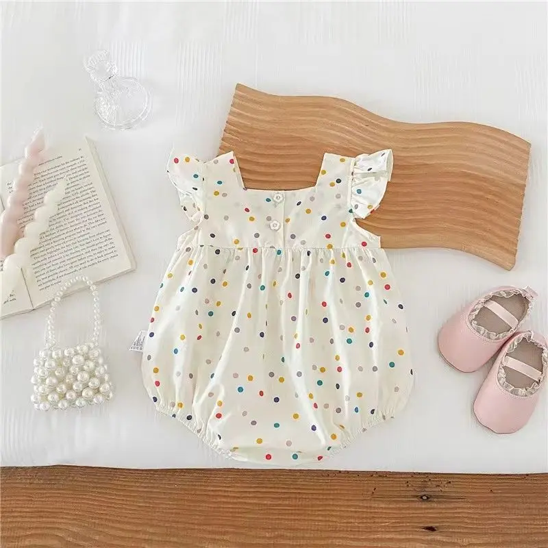 Summer Baby Girl Colorful Dotted Three Flowers Embroidered Little Flying Sleeves Jumpsuit Girl Cute Cotton Crawling Sweetheart