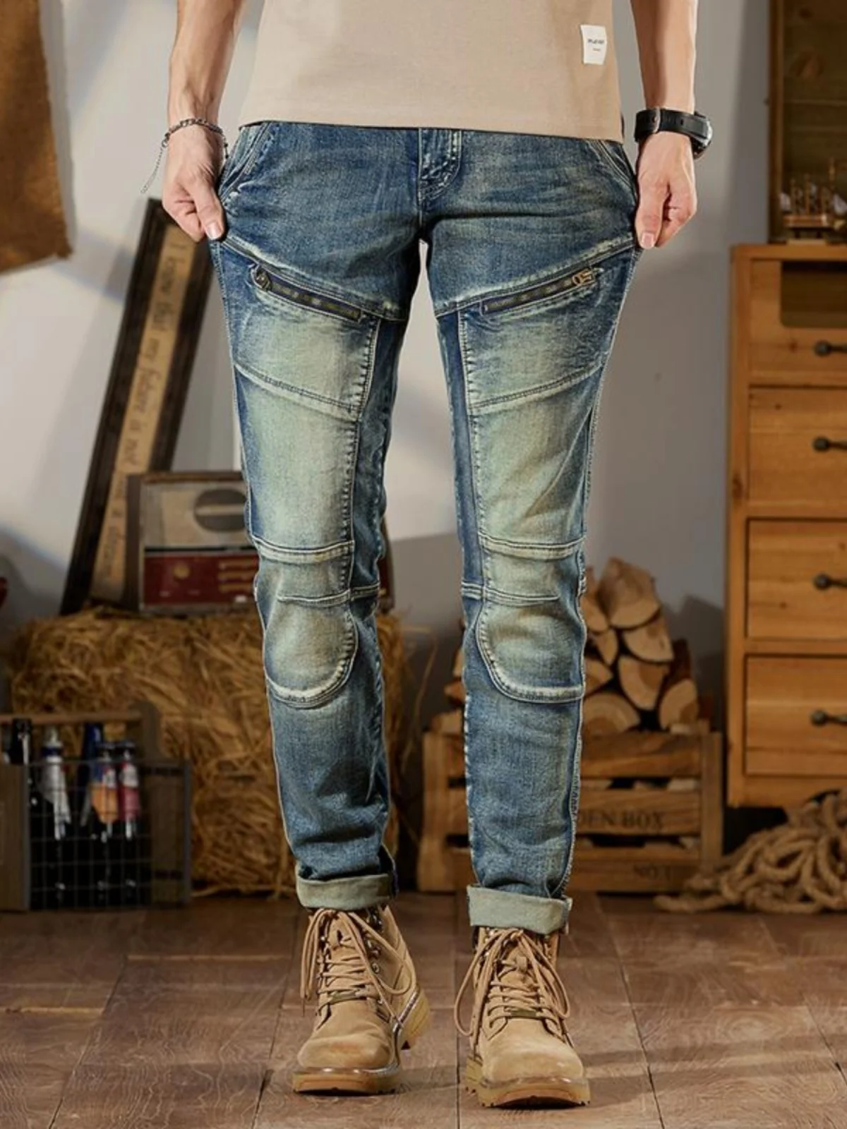 

High-End Patchwork Motorcycle Zipper Jeans Men's Vintage Nostaic Trendy Slim Fit Casual Versatile Long Pants