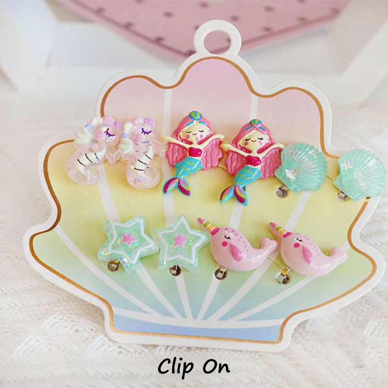 Cute Mermaid Flamingo Resin Earrings Ear Clips on Earrings for Girls Kids 5PRS/SET No Piercing Earring