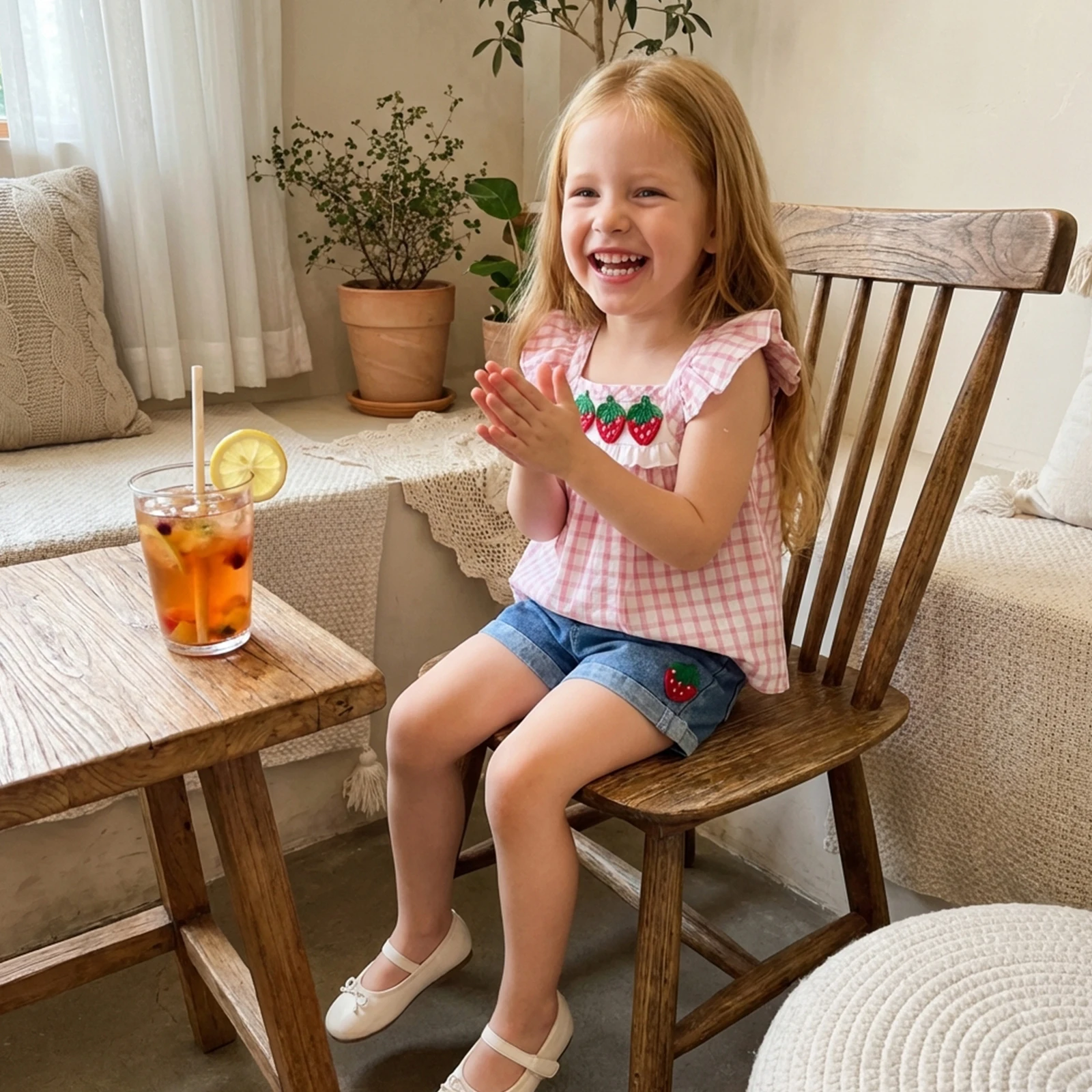 

Toddler Baby Girl Summer Outfit Strawberry Cherry Plaid Flying Sleeve Babydoll Tops and Denim Shorts 2 Piece Set