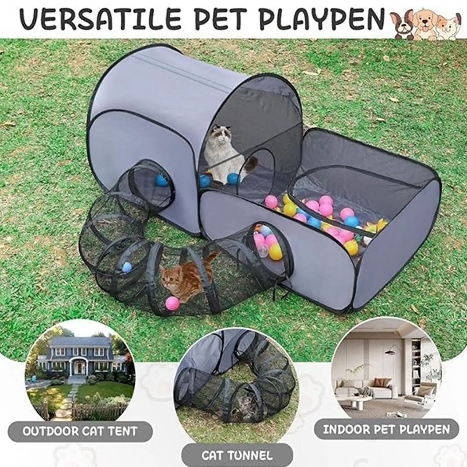 Katzen-Gehäuse-Tunnel, Hundespielstift, faltbare Gehäuse-Tunnel, Haus, interaktives Spielzeug, Übungsspielplatz für Kätzchen, Welpen, Tiere