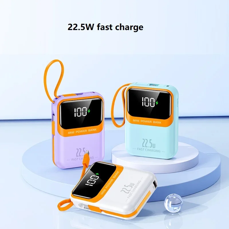 Mini Portable Power Bank Super Fast Charging Powerbank Mini 10000mah Phone Charger Built-in Lines for IPhone Type-C Universal