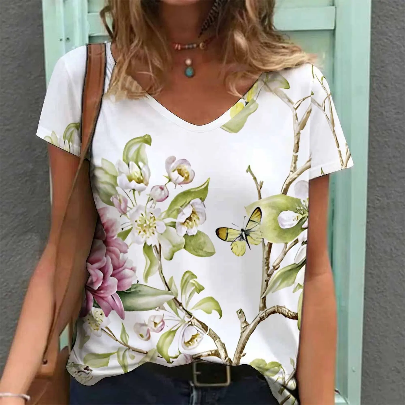 Women Print V Neck Short Sleeve Casual Loose Tunic Tops