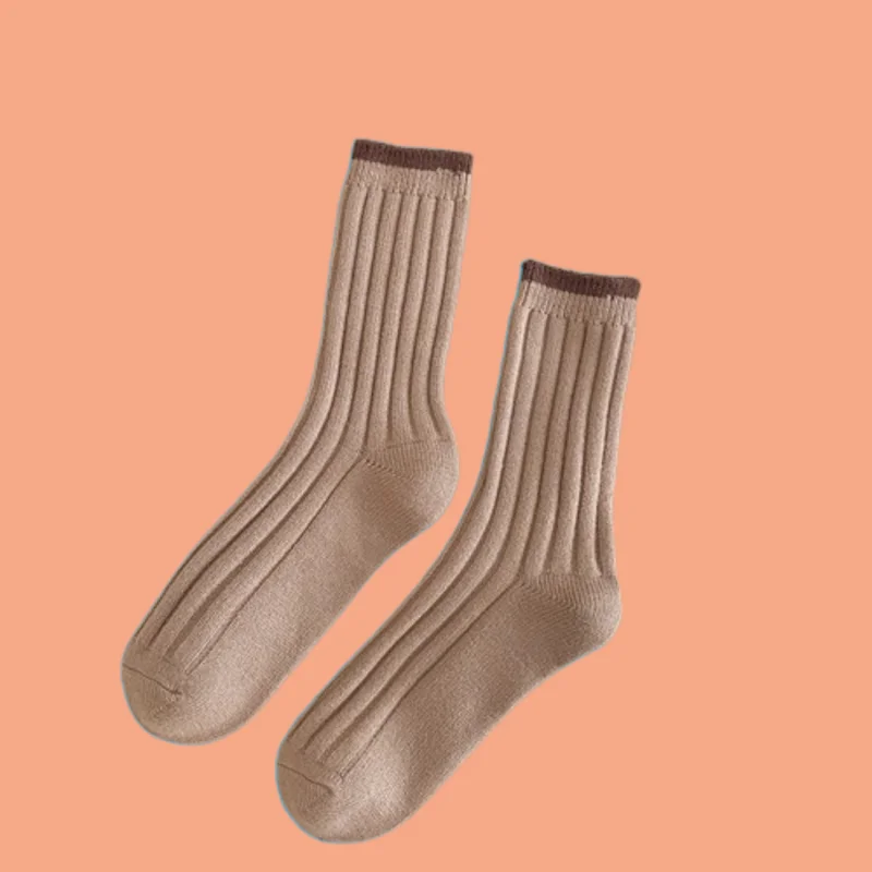 3/6 Pairs Thick Warm Japanese Vertical Striped Stacked Socks Solid Color Women's Autumn and Winter Middle Socks New Wool Socks