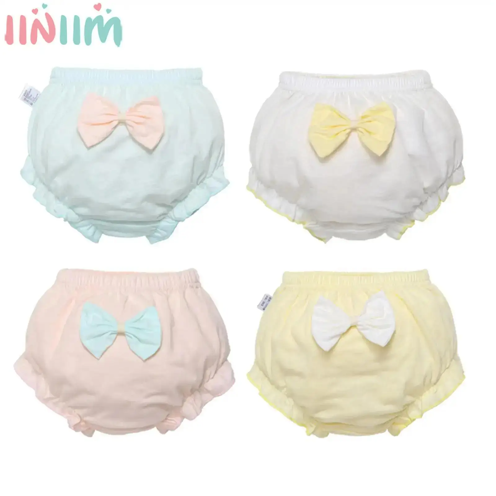 

Baby Girls 4Pcs Casual Briefs Bread Pants Elastic Waistband Ruffle Bowknot Shorts Reusable Nappies Diaper Cover Kids Underwear