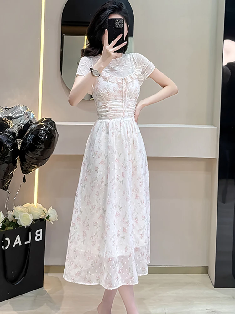 Letnia sukienka na ramiączkach z żakardu w kwiaty z szyfonu, elegancka, z falbankami + koronkowe koszulki, dwuczęściowe zestawy damskie, nowe koreańskie eleganckie komplety sukienek, lato 2025