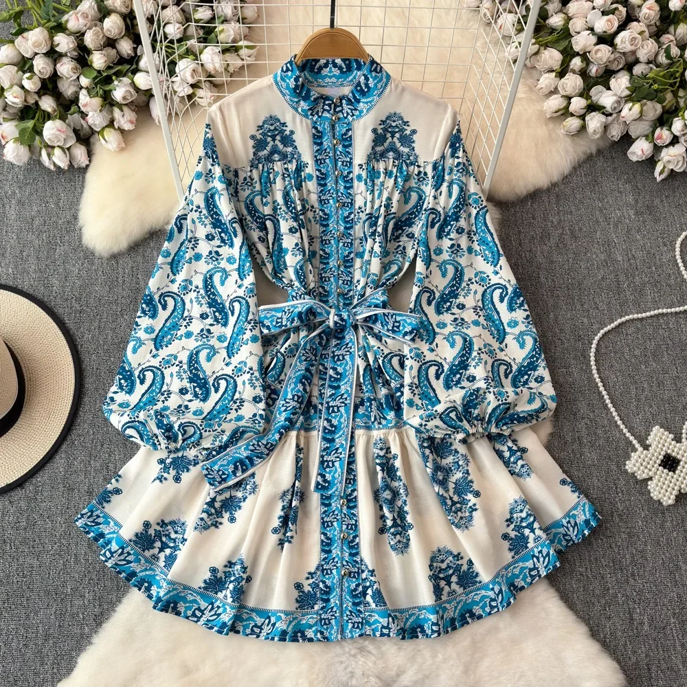 Neploe Sweet Stand Collar Lantern Sleeve Print Mujer Lace Up Panelled Casual Elegant Dress Big Swing High Waist New Moda Robe