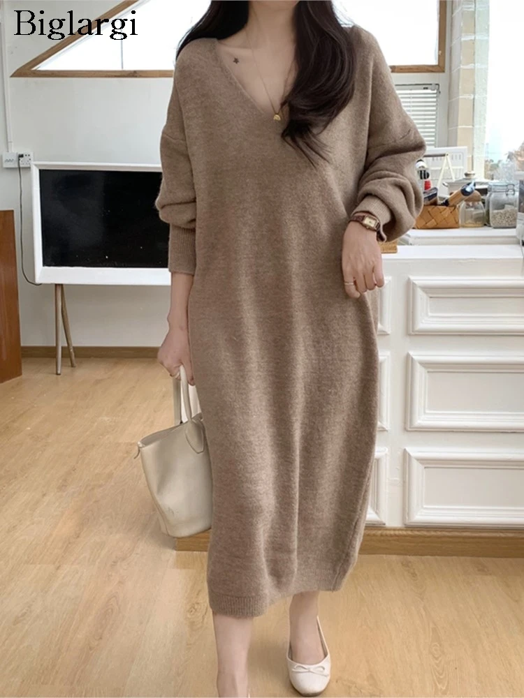 

Autumn V-Neck Knitted Long Dress Women Long Sleeve Korean Style Loose Ruffle Pleated Fashion Ladies Dresses Casual Woman Dress