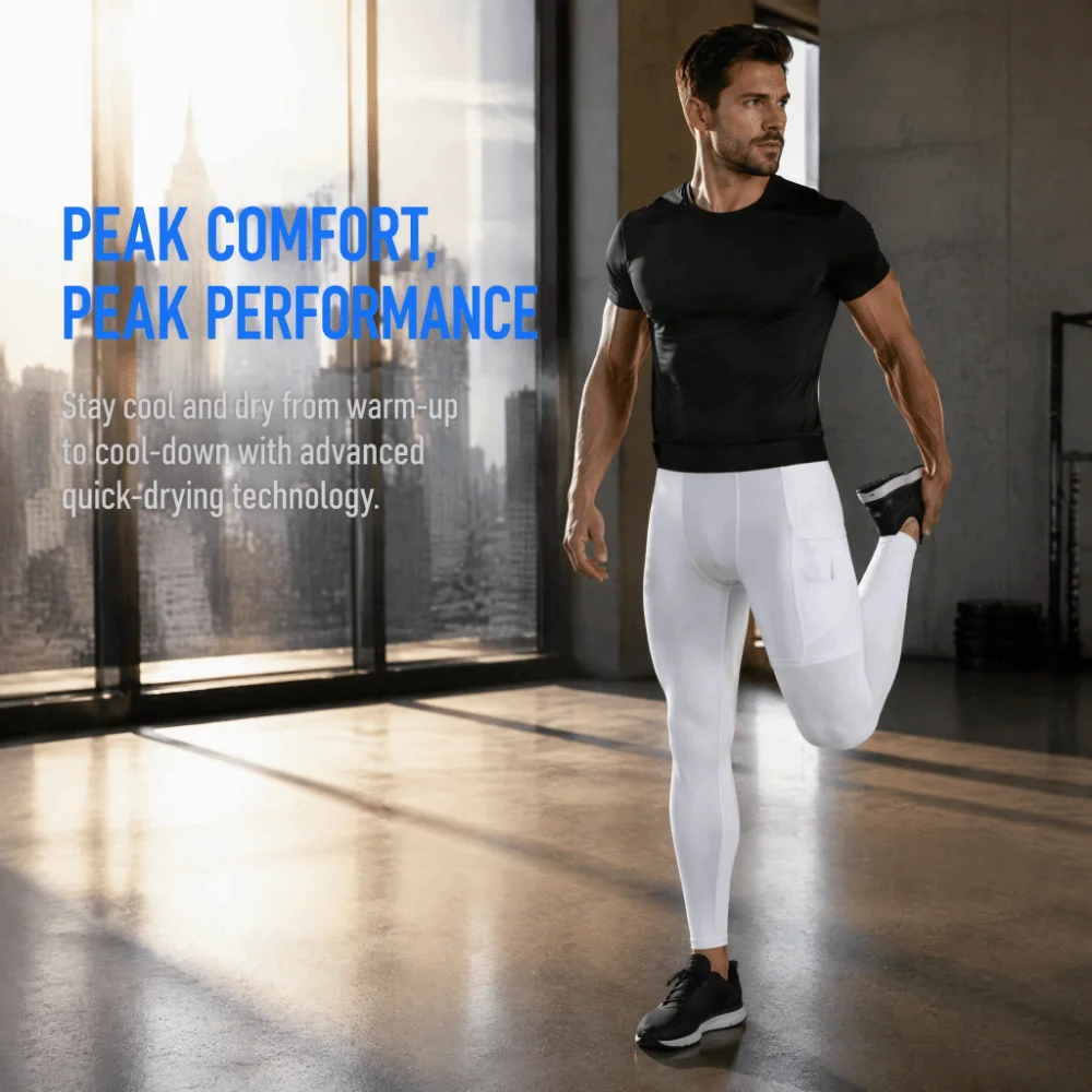 2pcs White Men's One Leg Compression Pants Polyester Spandex High Stretch Compression Legging Side Pocket Asymmetrical One Leg