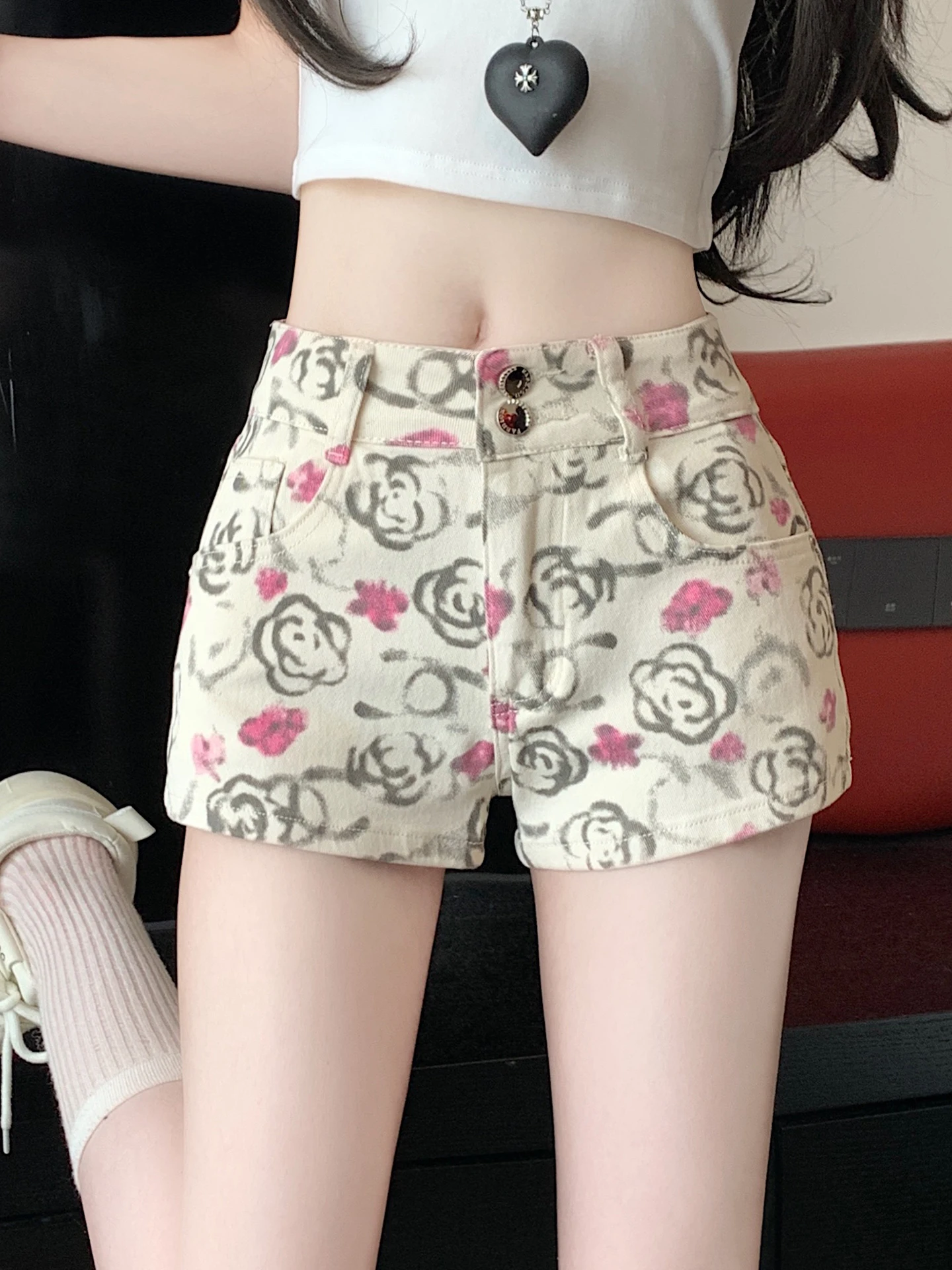 

Sweet Rose Print A-Line Denim Shorts Women's Summer Thin High Waist Slim Straight Casual Hot Pants Korean Style Commute Wind