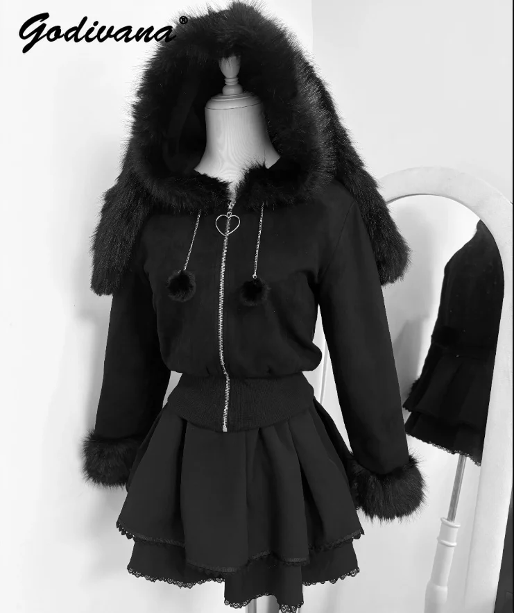 Autumn and Winter Sweet Cute Rabbit Ear Suede Fleece-lined Warm Thick Fur Collar Short Jacket Japanese Female Girls Hooded Coat