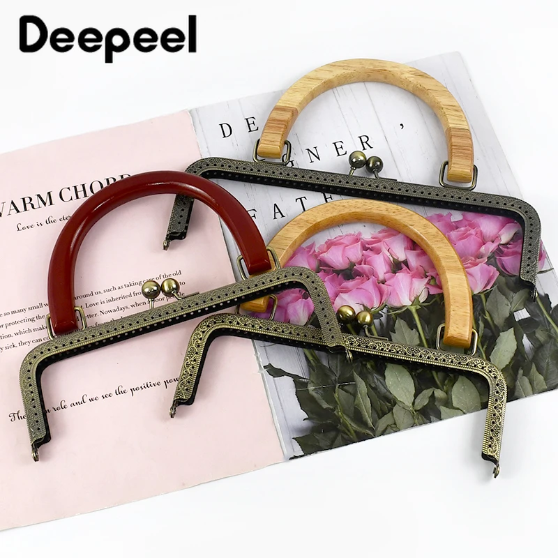 1Pc 20/25cm Metal Square Embossed/Smooth Purse Frames Kiss Clasp Wooden Handle DIY Bags Sewing Brackets Screw Wallet Framework