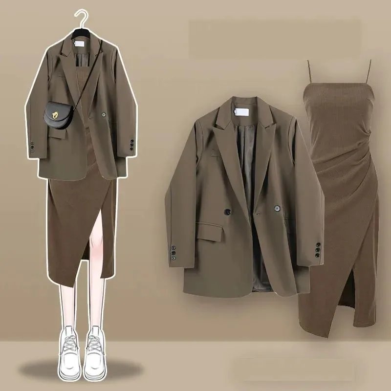 

Women's Spring/Autumn New Chic Casual Blazer Coat+Sexy Split Strap Skirt Two-Piece Suit Korean Elegant Jacket Dress Matching Set
