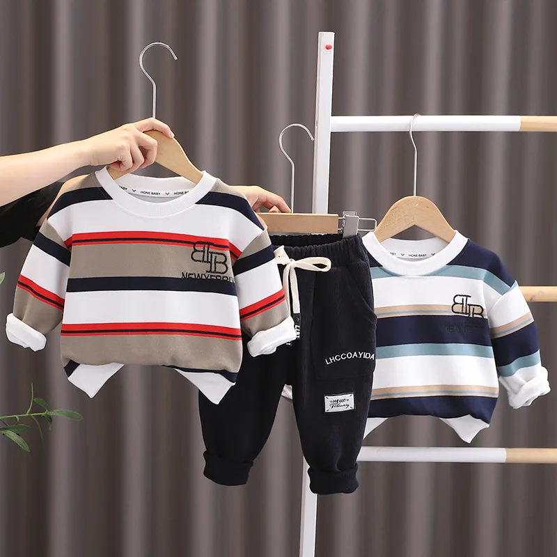 Toddler Christmas Outfit 2023 Korean Casual Striped Long Sleeve T-shirts and Pants 2PCS Baby Boy Clothes 12 to 18 Months Sets