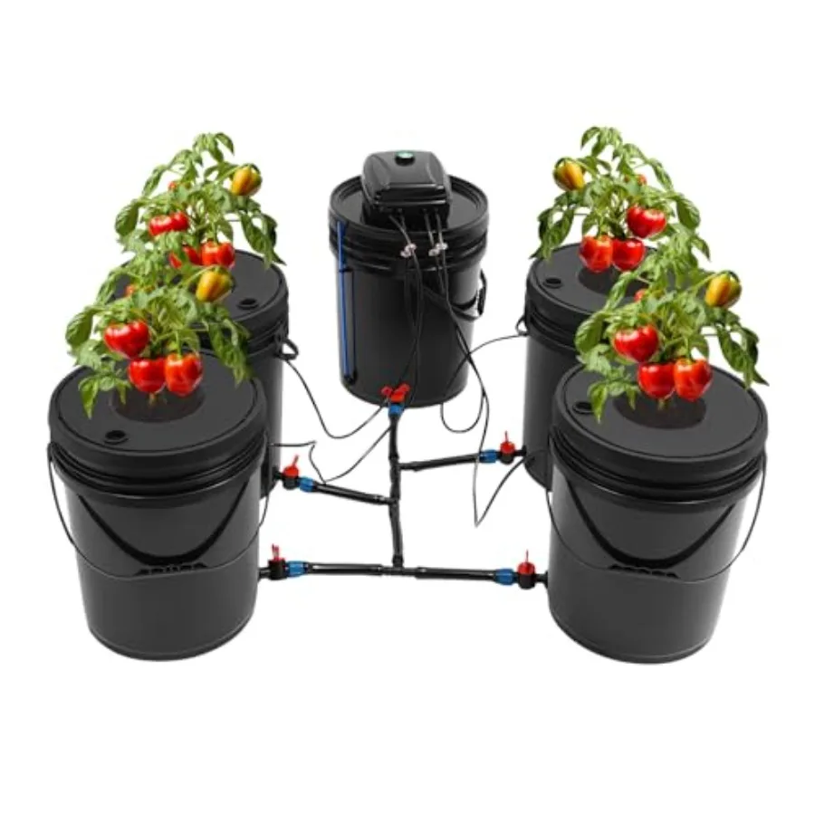 

4 Bucket DWC Hydroponic Kit with 12W Air Pump 5.28Gal Capacity Complete Indoor Gardening System for Vegetables Herbs Home Garde