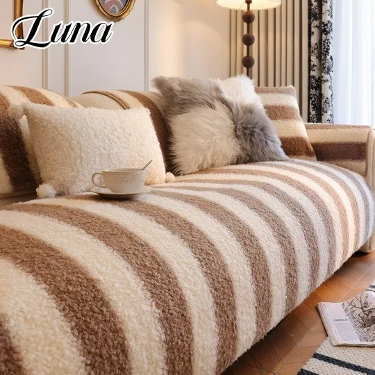 

Winter Striped Sherpa Couch Covers for Sofas Living Room Classics Style Soft Plush Sofa Cover Non-slip Slipcover Seat Cushion