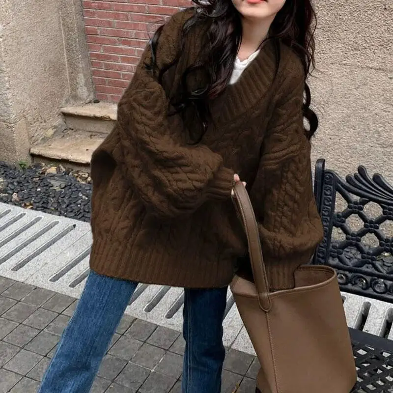 

Woman Sweater Loose Autumn Winter V-Neck Mid-Length Layering Jumper Lazy Style Pullover Soft Sticky Maillard Fat Mm Knitwear