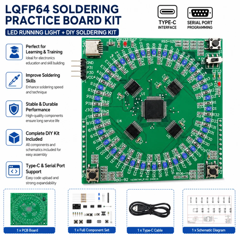 LQFP64 Soldering DIY Kit 5V Running Light SMD Soldering Practice Board Kit Type-C Interface Suitable for Soldering Instruction