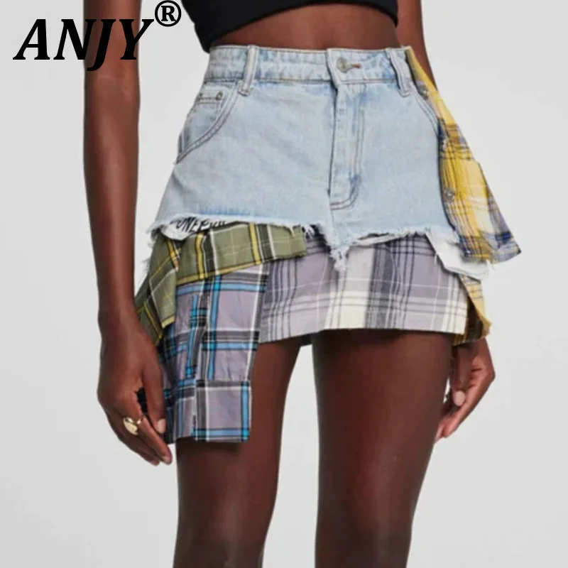 ANJY Summer New Women's American Retro Streetwear Chic Colored Plaid Patchwork Irregular Denim A-line Fashion Short Skirt  A7669