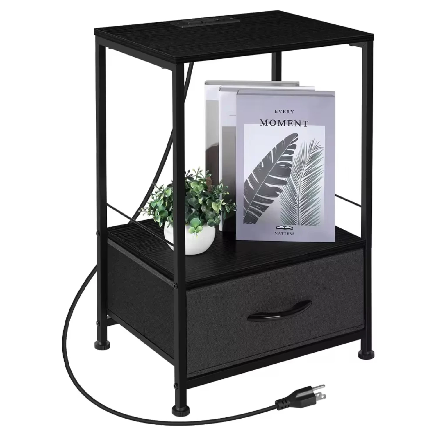 

Nightstand with Charging Station Side End Table Fabric Sliding Drawer Bedside Table