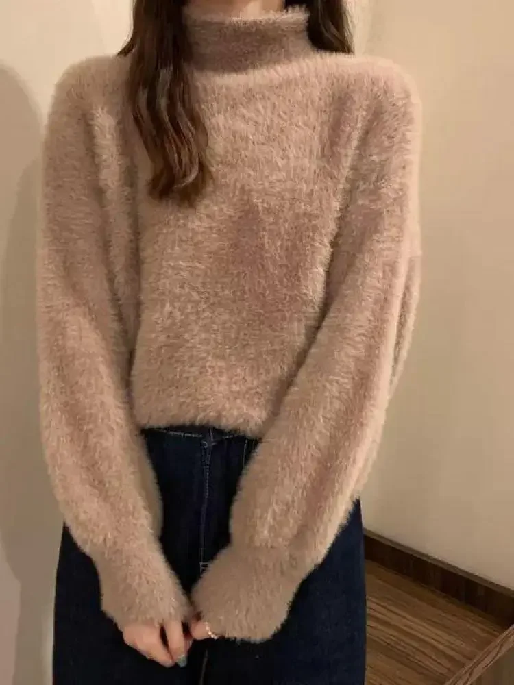 2025 ผู้หญิงถักเสื้อฤดูหนาวเลียนแบบ Mink Wool Hot Fleecing หญิงคอเต่ายืดหยุ่นสบายๆเสื้อกันหนาว Soft WARM Pullovers