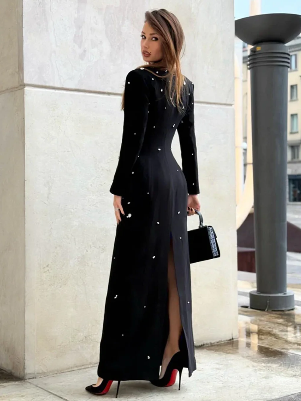 Modphy Heavy Industry Diamond Bead Slim Elegant Long Dress Women O-Neck Long Sleeve High Waist Temperament Dresses Female