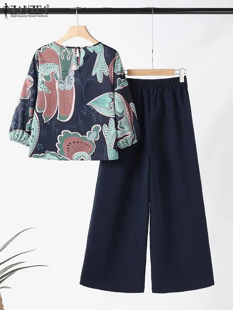 2024 Summer Floral Print Suit ZANZEA Women 3/4 Sleeve Blouse Wide Leg Pant Sets Stylish Tracksuits Fashion Loose Matching Sets