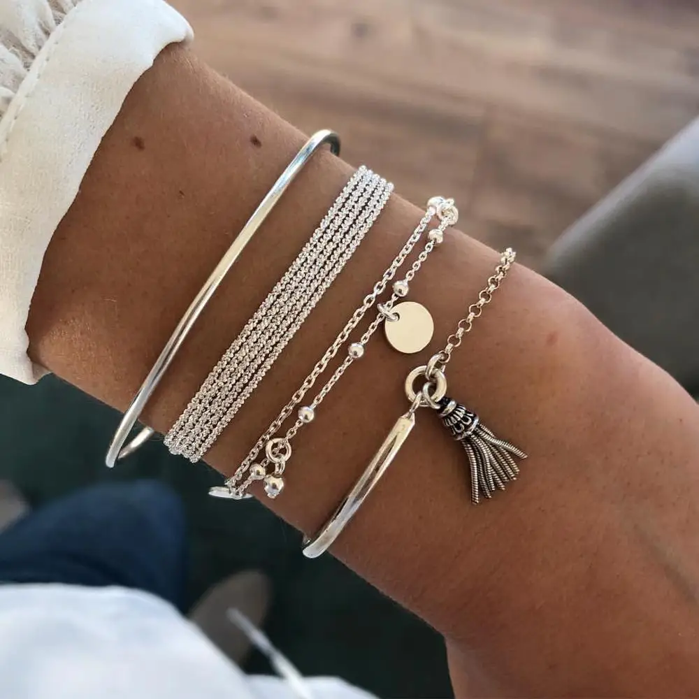 4PCS/Set Boho Geometric Tassel Bracelet For Women MultiLayer Bangles Charm Party Wedding Beach Jewelry Set Accessories Gifts