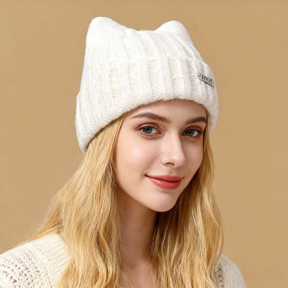 

Вязаная шапка с милыми кошачьими ушками для женщин, осенне-зимняя шерстяная шапка-бини, модная и универсальная, теплая и защищающая от холода, шапка для защиты ушей