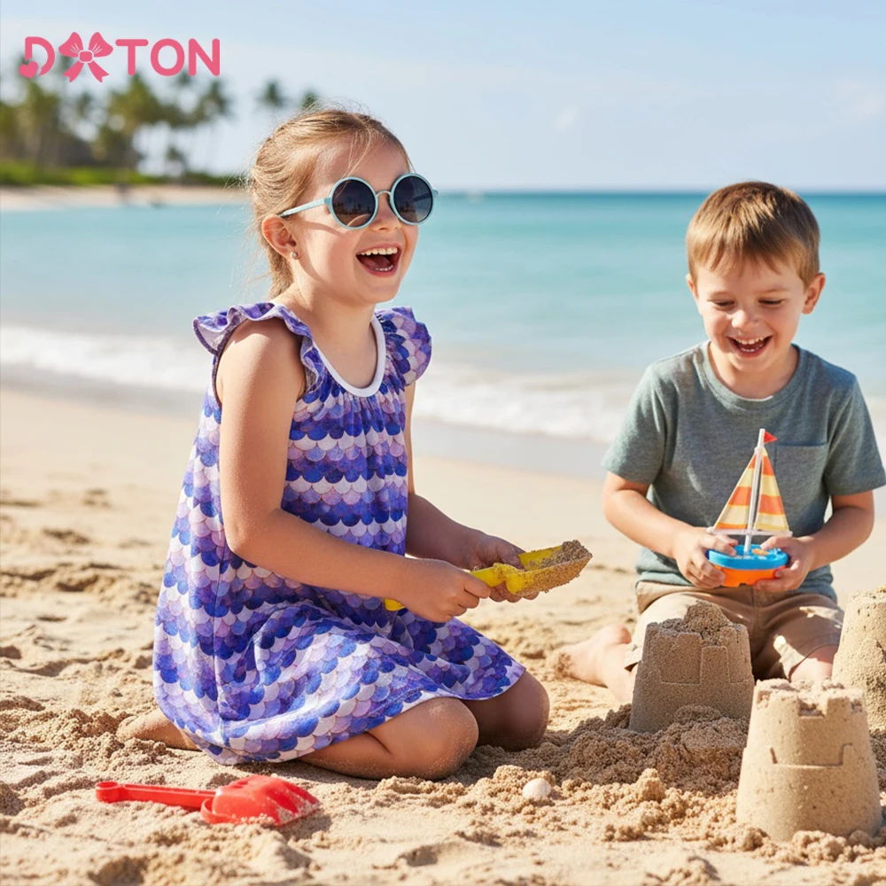 DXTON Children Beach Clothing Ruffles Sling Summer Girls Princess Dress A-Line Mermaid Kids Baby Stripe Casual Sleeveless Outfit