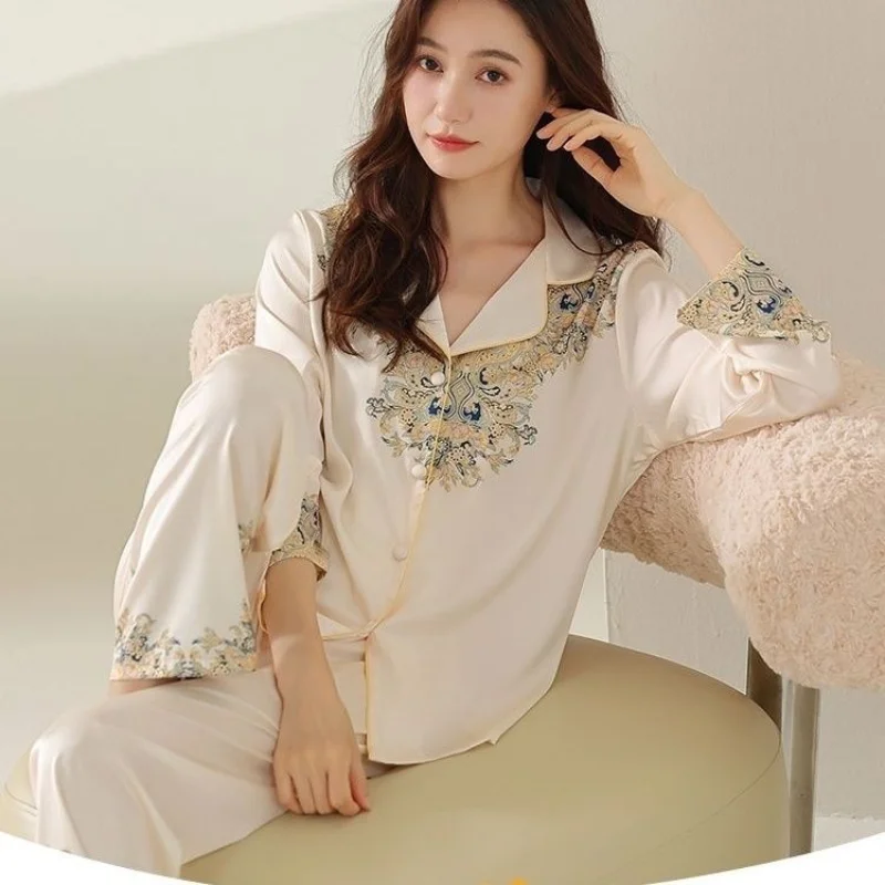 

New vintage printed silk spring autumn nightdress long sleeve homewear Luxury fashion nightgown soft breathable sleepwear suit