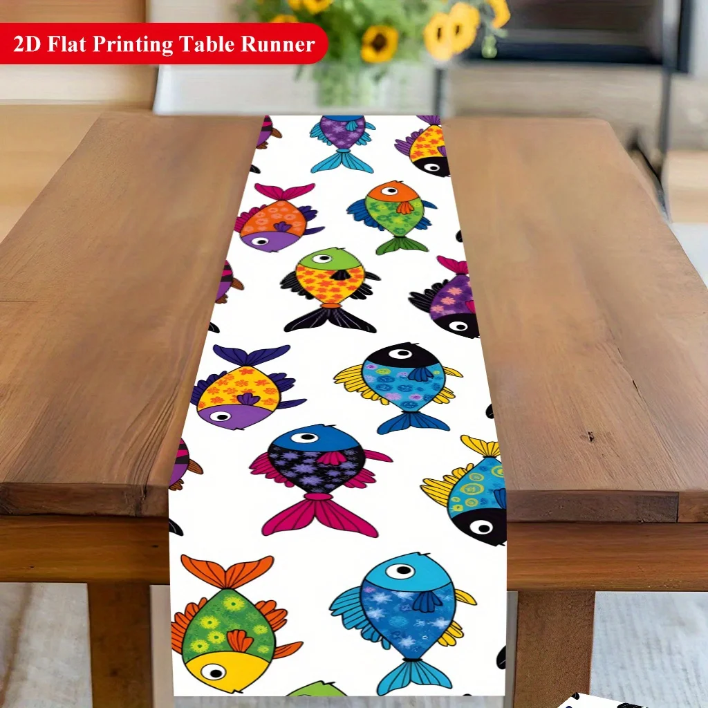 1 Piece of Colorful Fish Swimming Across Table Runner, Suitable for Farmhouse, Indoor, Kitchen, Celebrations, Table Decoration, Restaurant and Banquet Decoration Supplies