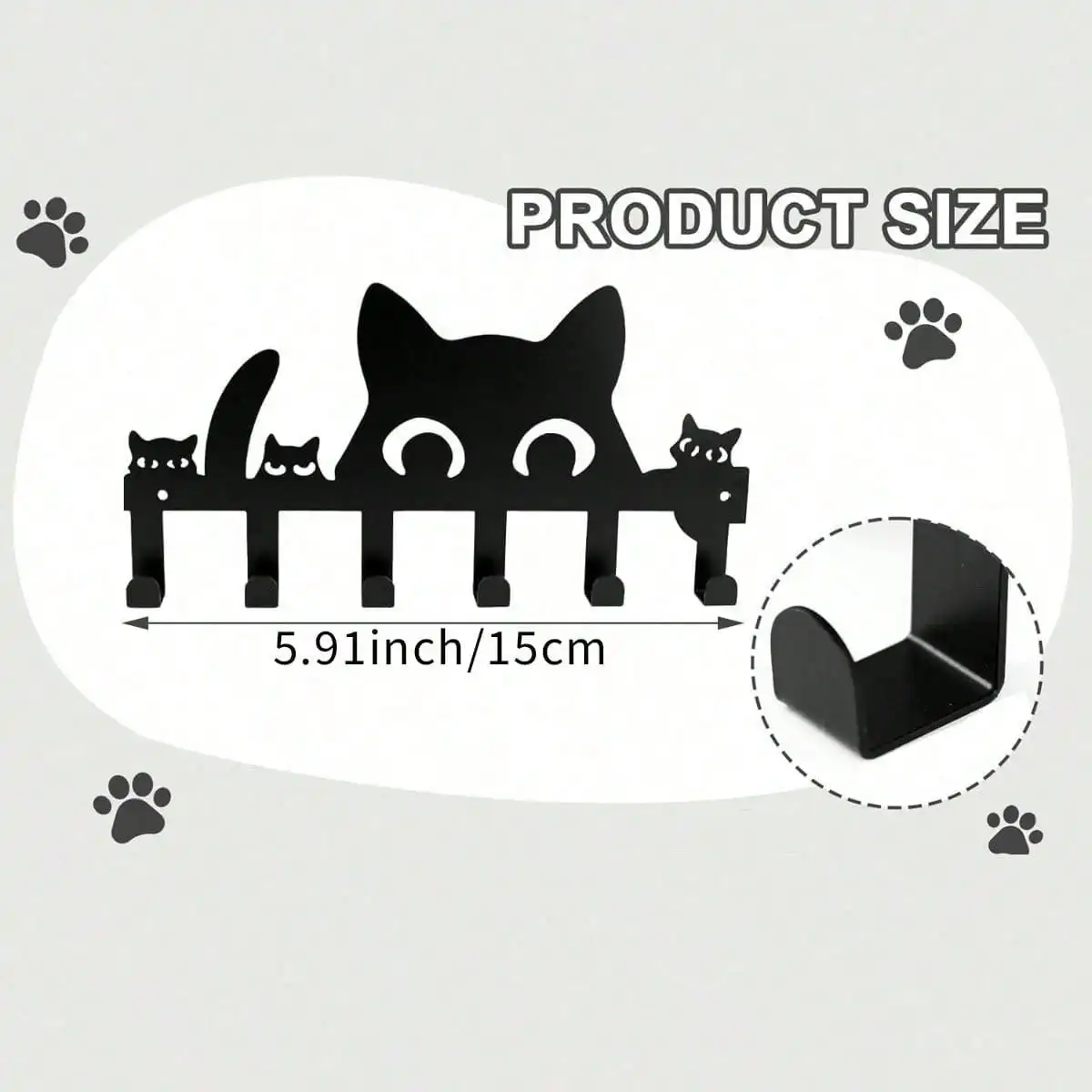Personalized Black Cat Metal Key Rack 6 Hooks Wall Mounted Key Organizer, Easy Install Wall Decor for Entryway Porch Office