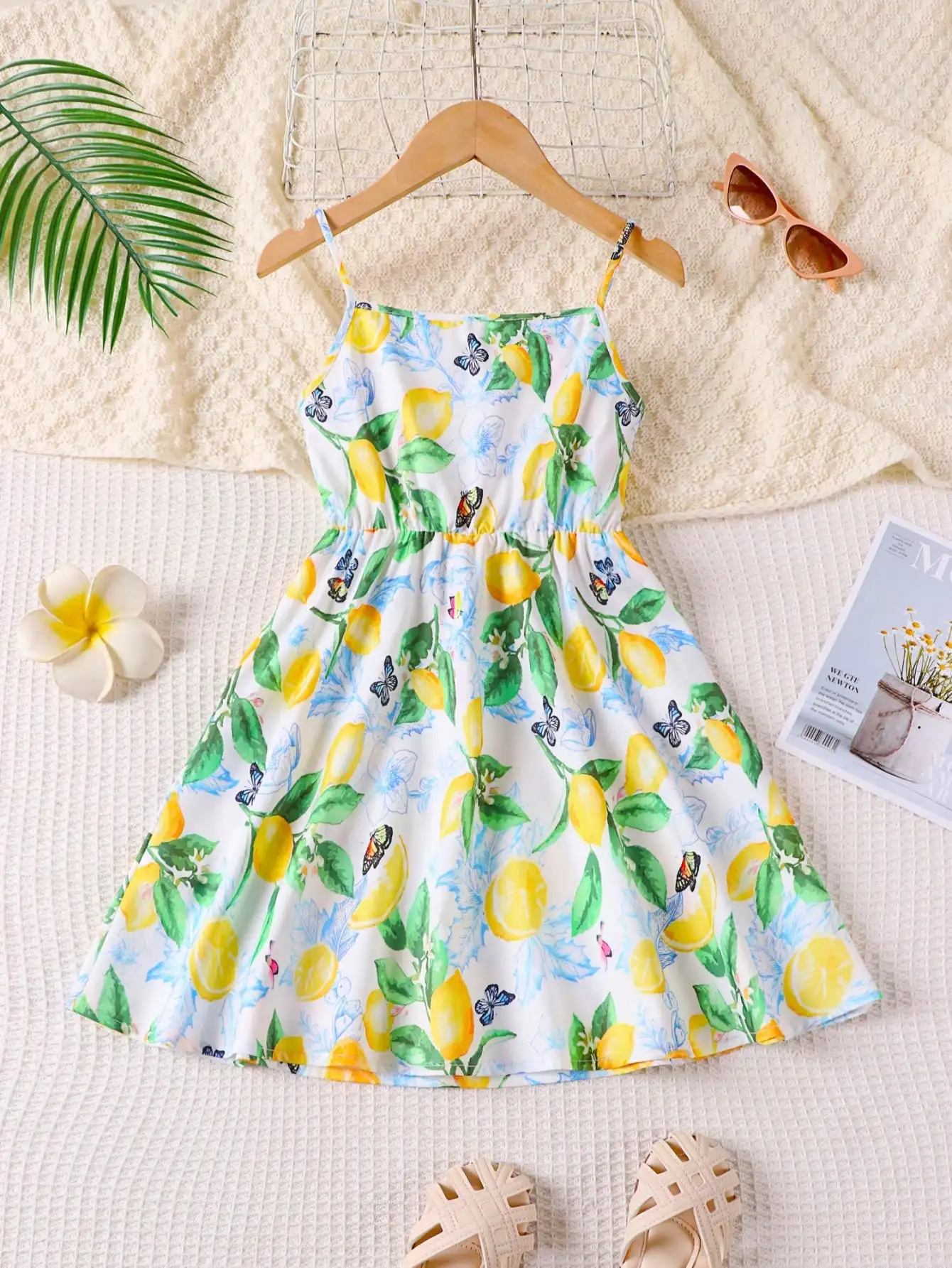 Summer lemon butterfly print dress, casual sleeveless slim shoulder strap, slightly elastic, pleated hem