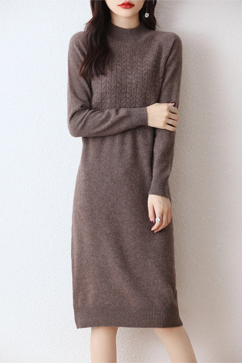 

Traf Official 100% Merino Wool Sweater Dress 2023 Autumn And Winter New Women's Round Neck Cable Flower Knee Skirt