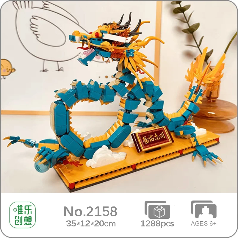 

WLCX 2158 Animals Ancient Mythology Chinese Mascot Blue Coiling Dragon Model Mini Blocks Bricks Building Toy For Children No Box
