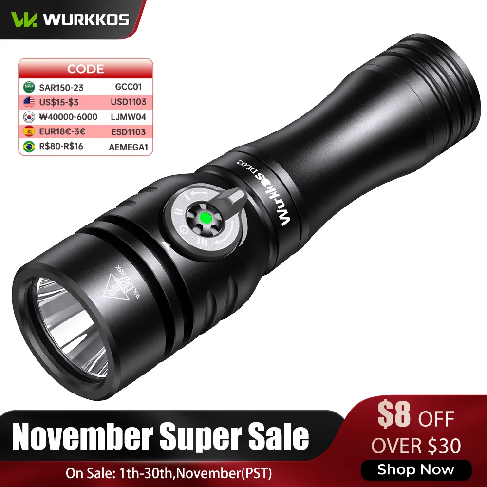 Wurkkos DL02 Professional Diving Flashlight SFT70 21700 Battery Work Light 3000LM Lamp Underwater Lantern with Rotary Magnetic