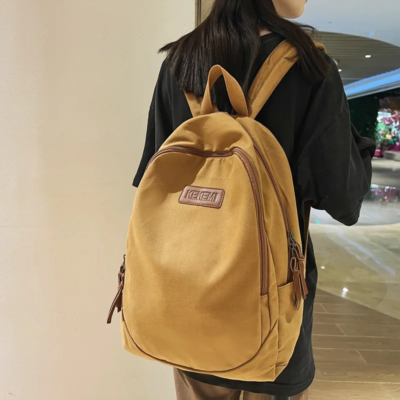 Canvas Schoolbag For Female College Retro Style Artistic Zipper Backpack For Women 2023 New Korean Casual Travel Bag