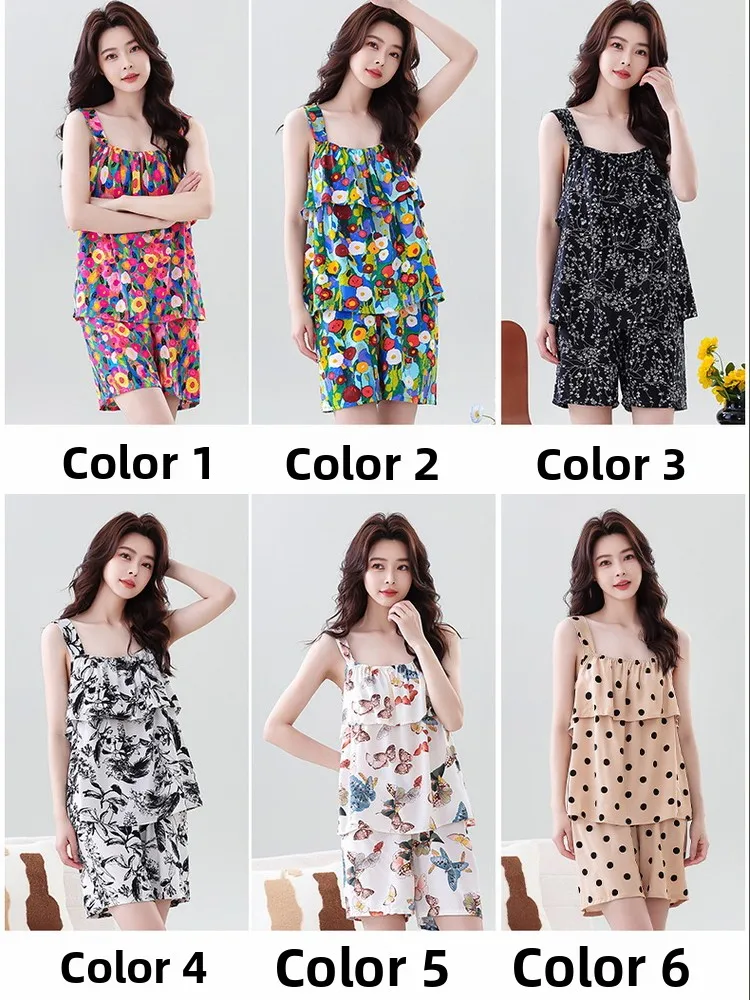 Summer Home Cotton Silk Strap Sleepwear Women's New Style Anti-Protrusion Vest Shorts Set Artificial Cotton round Neck Pullover