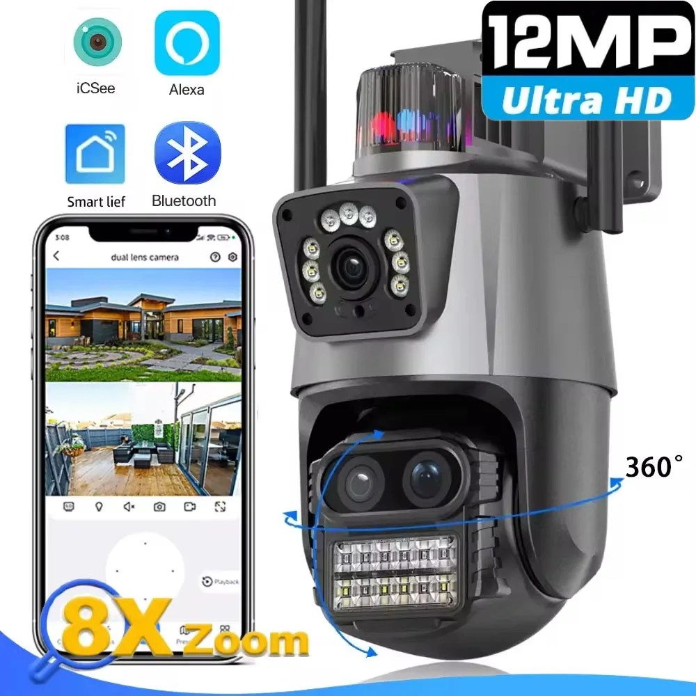 

5K 12MP WiFi IP Camera Outdoor HD 8X Zoom Night Vision Triple Lens Dual Screen PTZ 9MP Motion Tracking Security Monitoring CCTV