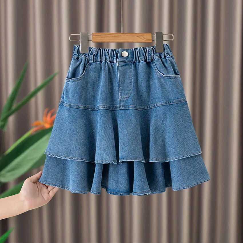 

Girls Denim Skirt Summer New Blue Ruffle Layered Skirt for Children Casual All-match 4 To 12 Years Teen School Kids Short Skirt