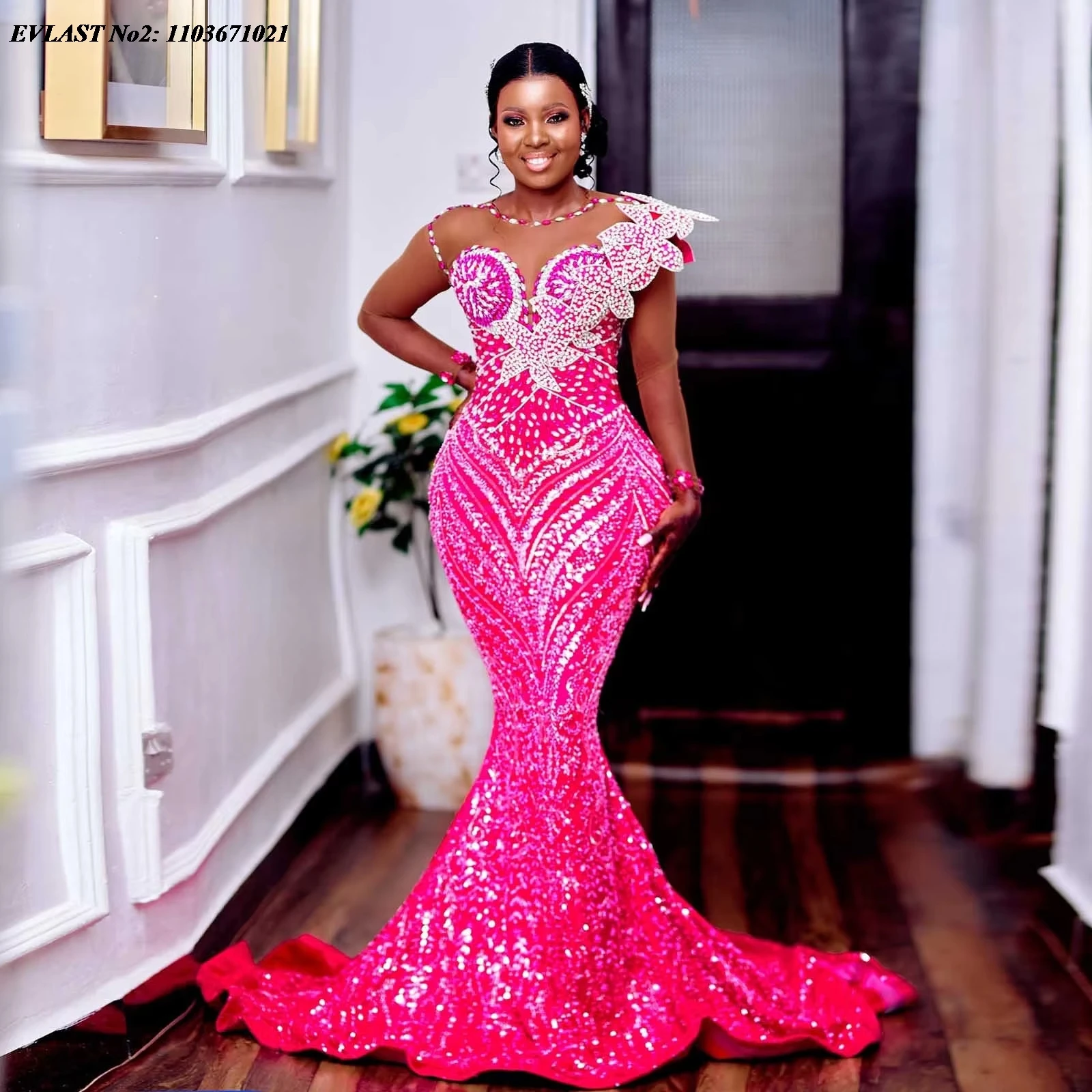 

EVLAST Customized African Hot Pink Mermaid Wedding Reception Dress Beading Flower Birthday Dress Asoebi Formal Party Gown E2P573