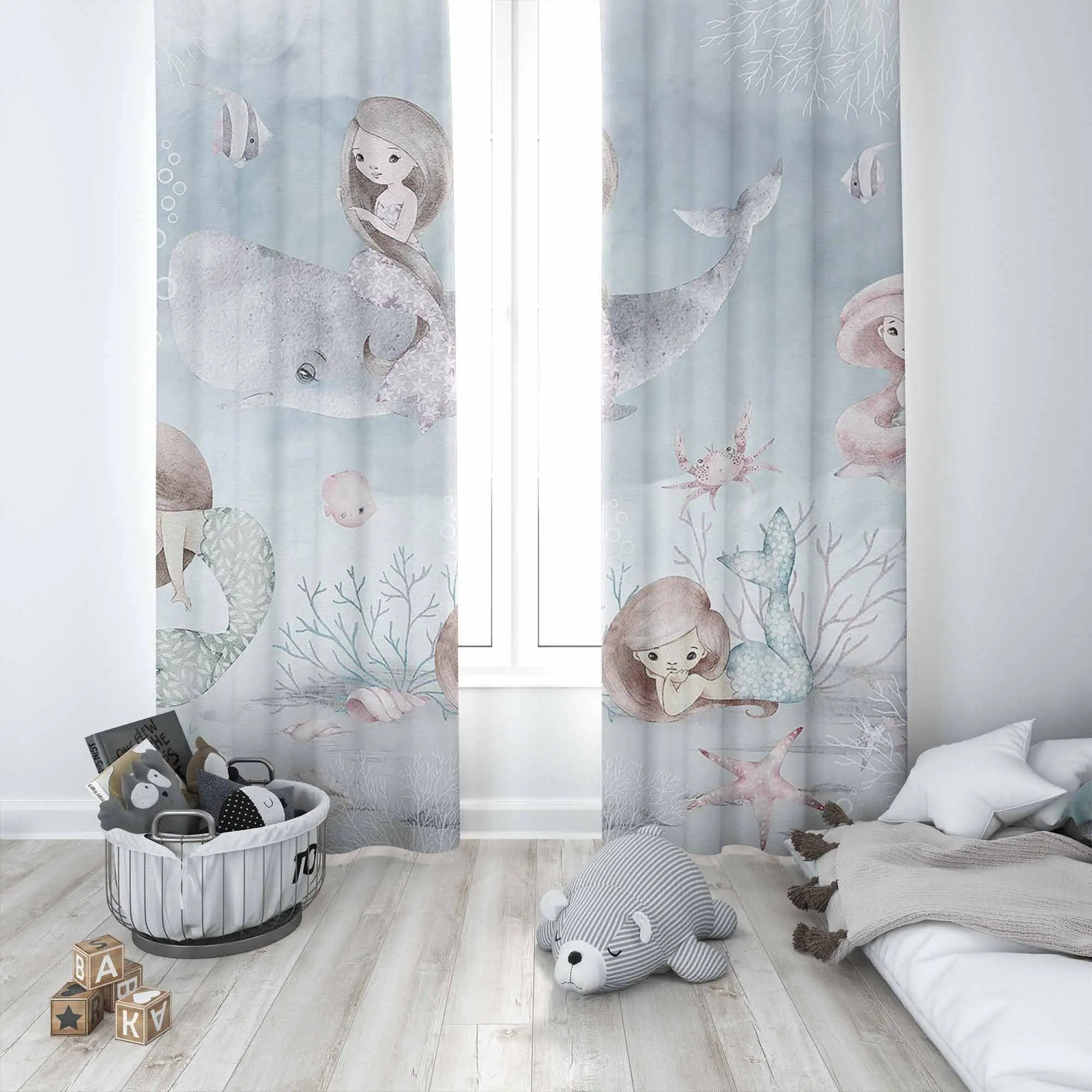 Whimsical Under the Sea Mermaid and Ocean Life Shower Curtain Bathroom Window Dressing