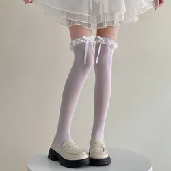 White Women Stockings Sexy Lace Bow Long Socks Lolita Knees High SocksThigh High Stockings Sweet Girls Kawaii Stockings Japanese