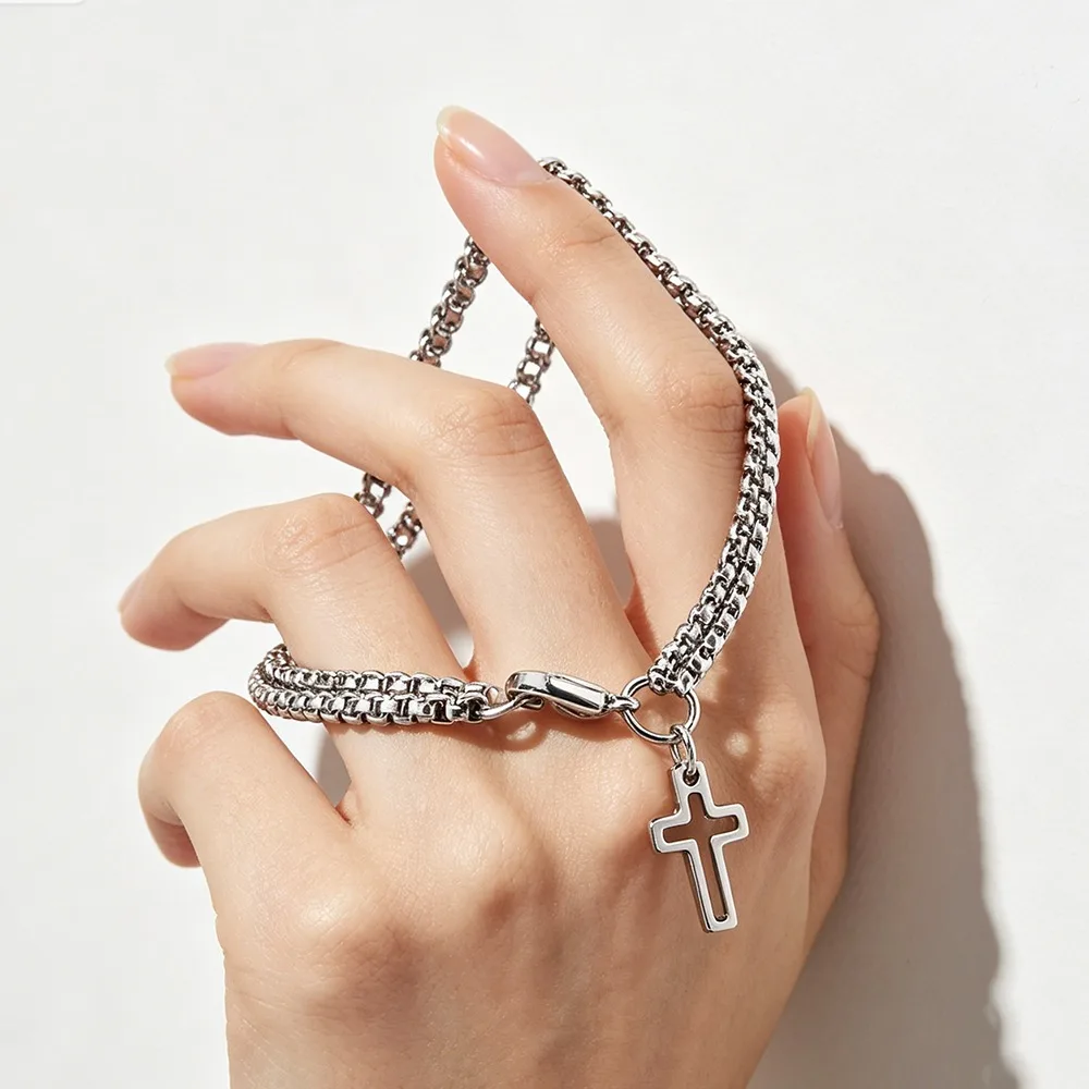 Stainless Steel Cross Double Chain Bracelet, Hollow Layered Design, Trendy Retro Wrist Accessories for Men Women Casual